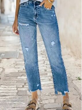 Flamingals Ripped Raw Hem Mid Rise Straight Leg Cropped Jeans